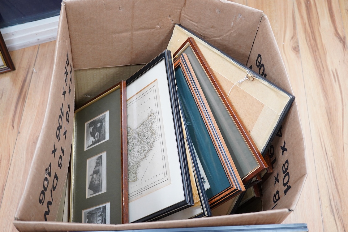 A collection of maps and engravings relating to Kent to include after William Kip, antique hand coloured map of Kent, after J Cary, another map published 1787, maps of Canterbury and various engravings of Canterbury Cast